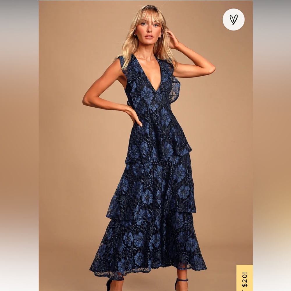 Lulu’s Molinetto Navy Blue Lace Ruffled Tiered Sleeveless Maxi Dress